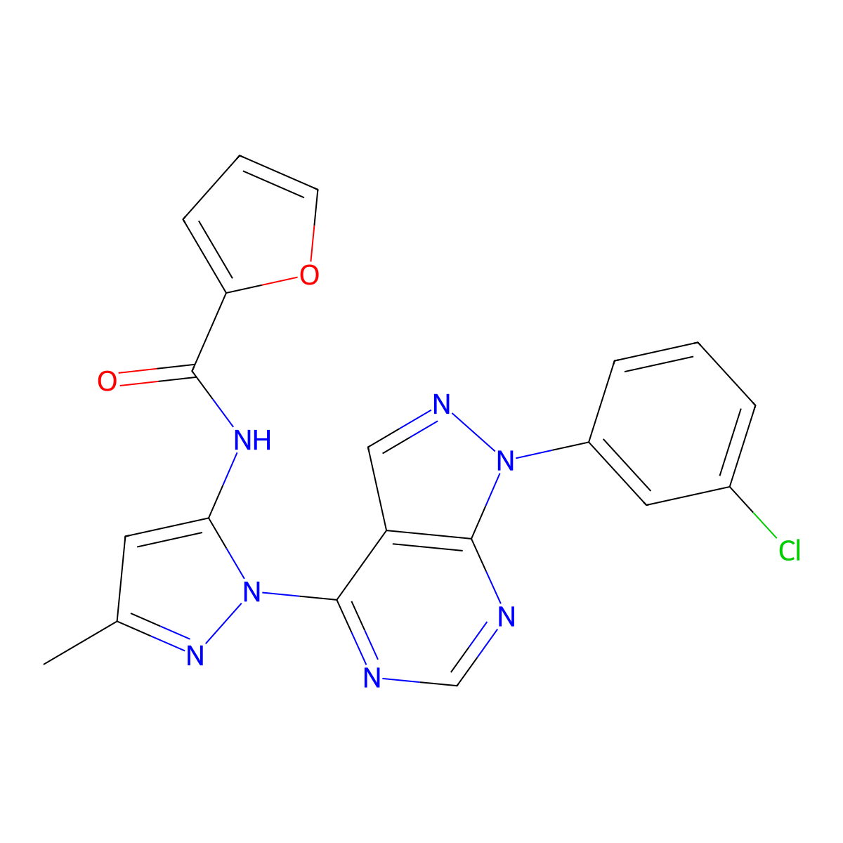 N-(1-(1-(3-chlorophenyl)-1H-pyrazolo[3,4-d]pyrimidin-4-yl)-3-methyl-1H-pyrazol-5-yl)furan-2-carboxamide molecular structure, CAS 1005713-00-7