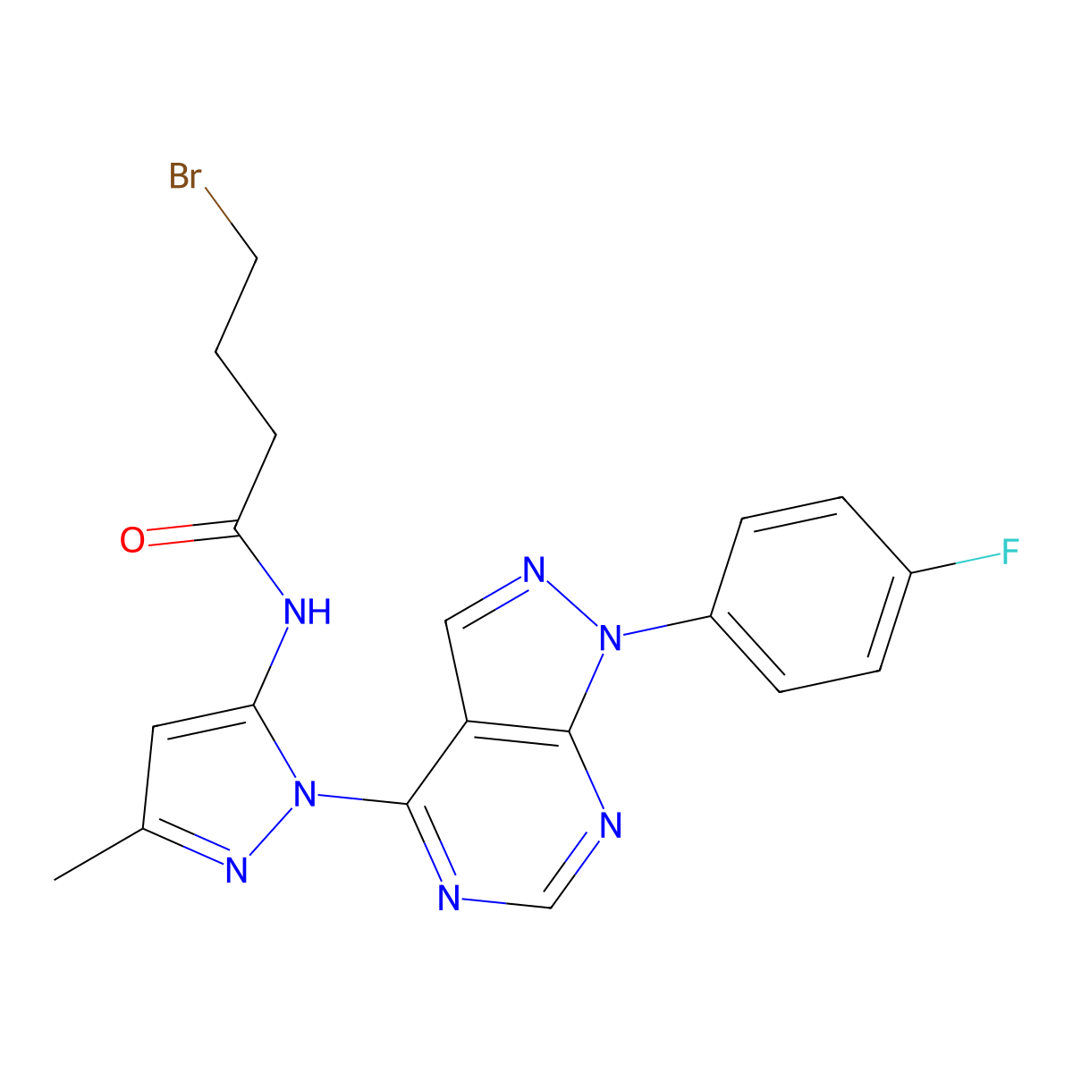 4-bromo-N-(1-(1-(4-fluorophenyl)-1H-pyrazolo[3,4-d]pyrimidin-4-yl)-3-methyl-1H-pyrazol-5-yl)butanamide molecular structure, CAS 1005714-21-5