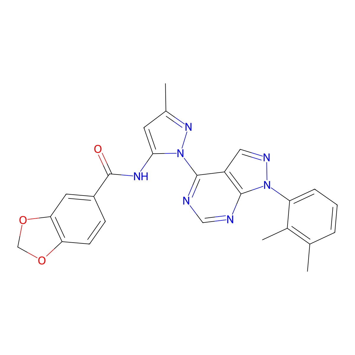 N-{1-[1-(2,3-dimethylphenyl)-1H-pyrazolo[3,4-d]pyrimidin-4-yl]-3-methyl-1H-pyrazol-5-yl}-2H-1,3-benzodioxole-5-carboxamide molecular structure, CAS 1005714-91-9