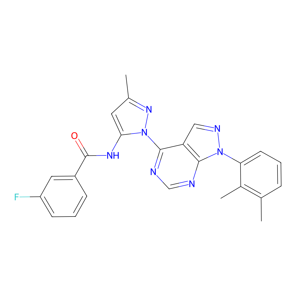 N-(1-(1-(2,3-dimethylphenyl)-1H-pyrazolo[3,4-d]pyrimidin-4-yl)-3-methyl-1H-pyrazol-5-yl)-3-fluorobenzamide molecular structure, CAS 1005714-96-4