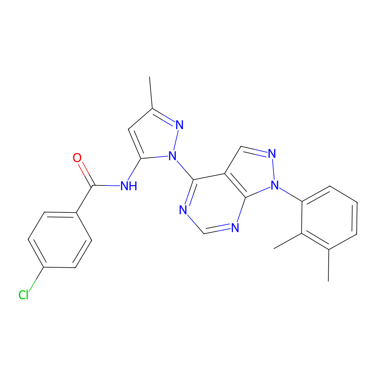 4-chloro-N-{1-[1-(2,3-dimethylphenyl)-1H-pyrazolo[3,4-d]pyrimidin-4-yl]-3-methyl-1H-pyrazol-5-yl}benzamide molecular structure, CAS 1005715-02-5
