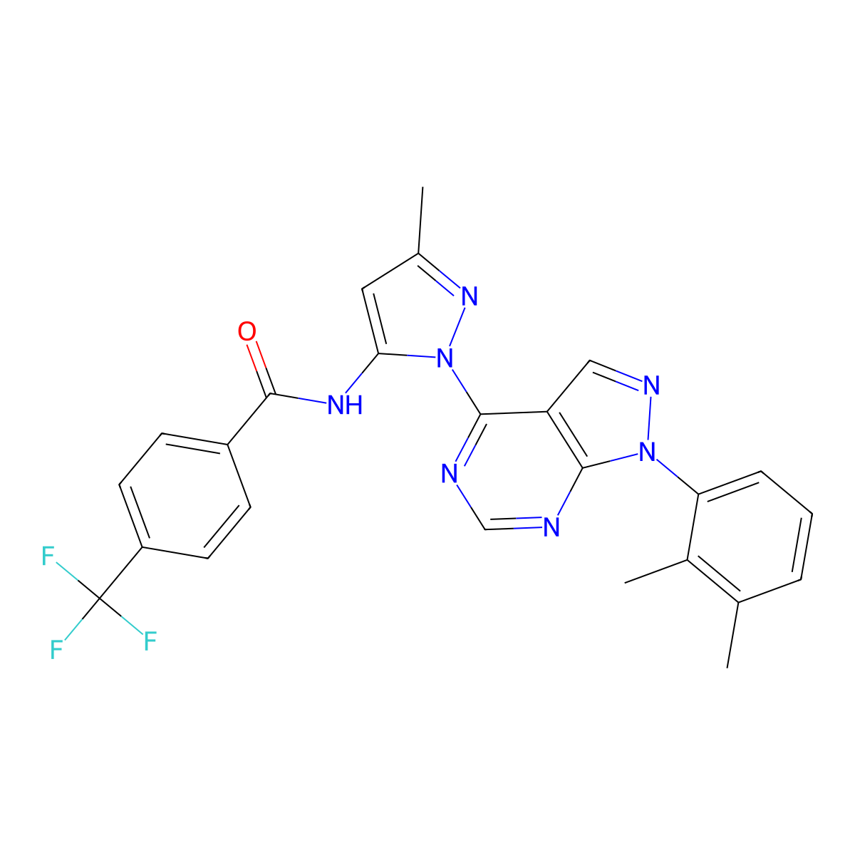 N-{1-[1-(2,3-dimethylphenyl)-1H-pyrazolo[3,4-d]pyrimidin-4-yl]-3-methyl-1H-pyrazol-5-yl}-4-(trifluoromethyl)benzamide molecular structure, CAS 1005715-23-0