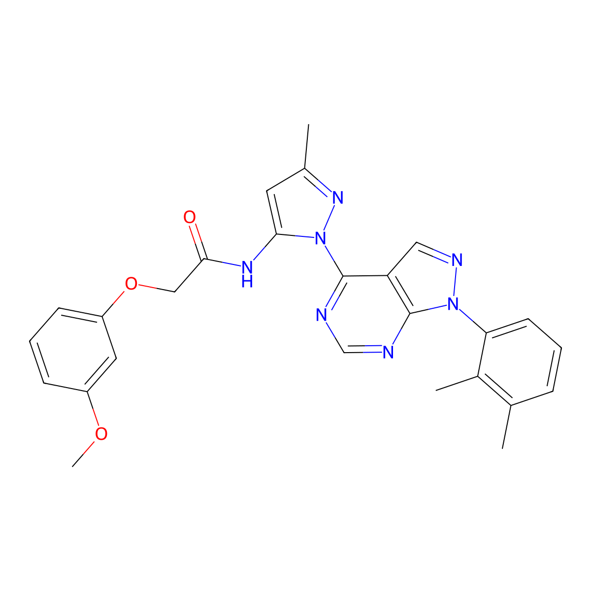 N-{1-[1-(2,3-dimethylphenyl)-1H-pyrazolo[3,4-d]pyrimidin-4-yl]-3-methyl-1H-pyrazol-5-yl}-2-(3-methoxyphenoxy)acetamide molecular structure, CAS 1005715-46-7