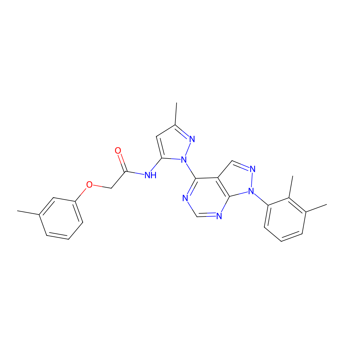 N-{1-[1-(2,3-dimethylphenyl)-1H-pyrazolo[3,4-d]pyrimidin-4-yl]-3-methyl-1H-pyrazol-5-yl}-2-(3-methylphenoxy)acetamide molecular structure, CAS 1005715-52-5