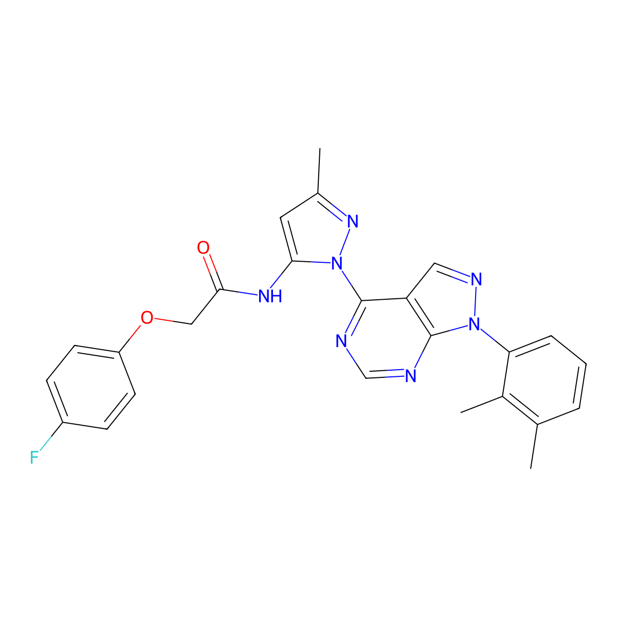 N-{1-[1-(2,3-dimethylphenyl)-1H-pyrazolo[3,4-d]pyrimidin-4-yl]-3-methyl-1H-pyrazol-5-yl}-2-(4-fluorophenoxy)acetamide molecular structure, CAS 1005715-57-0