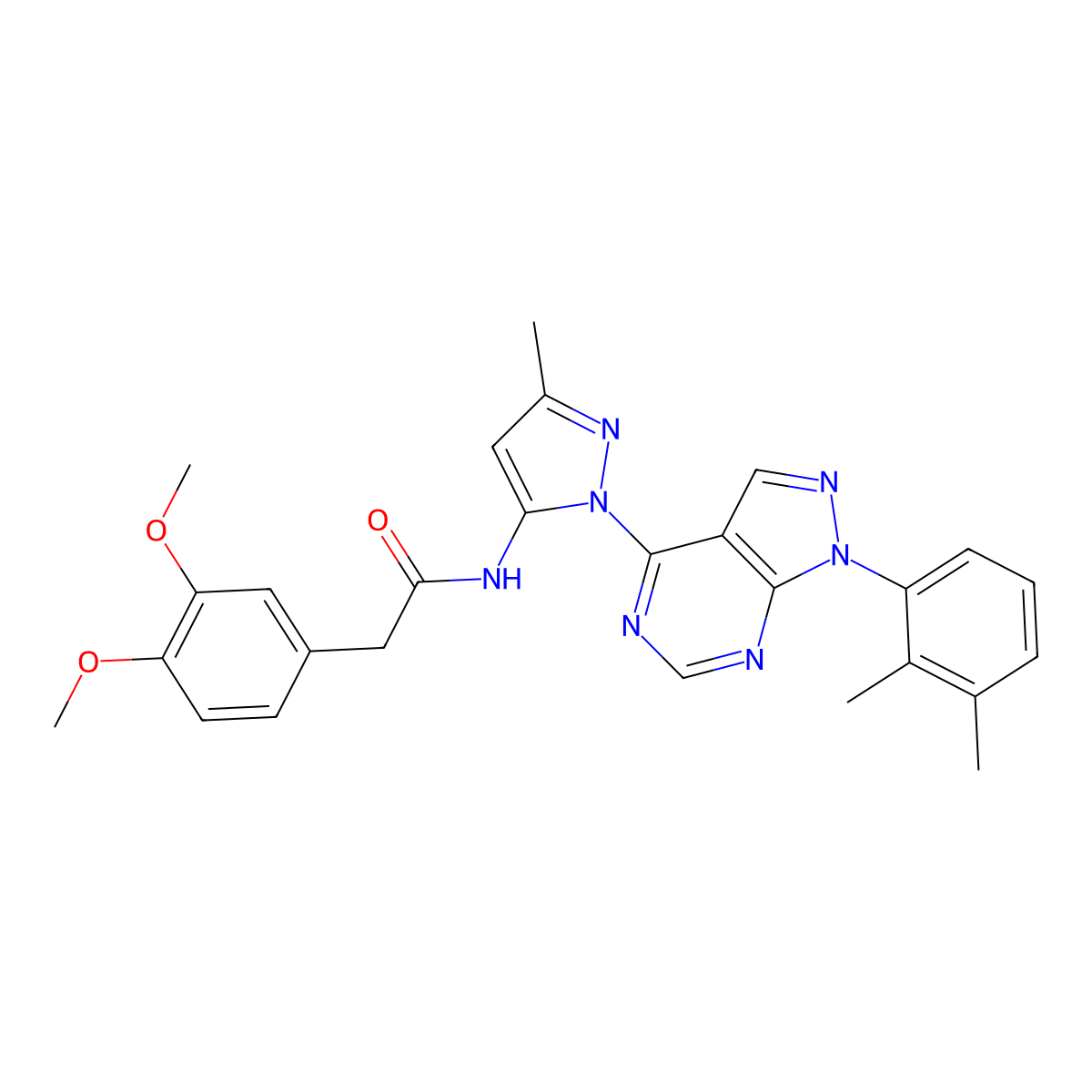 2-(3,4-dimethoxyphenyl)-N-{1-[1-(2,3-dimethylphenyl)-1H-pyrazolo[3,4-d]pyrimidin-4-yl]-3-methyl-1H-pyrazol-5-yl}acetamide molecular structure, CAS 1005715-62-7