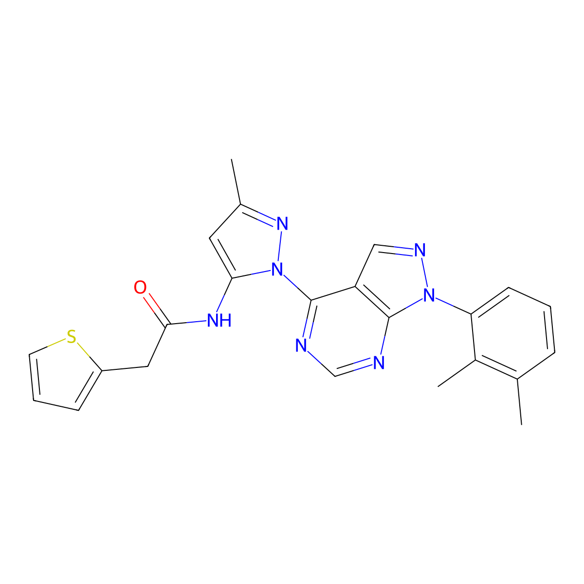N-(1-(1-(2,3-dimethylphenyl)-1H-pyrazolo[3,4-d]pyrimidin-4-yl)-3-methyl-1H-pyrazol-5-yl)-2-(thiophen-2-yl)acetamide molecular structure, CAS 1005715-75-2