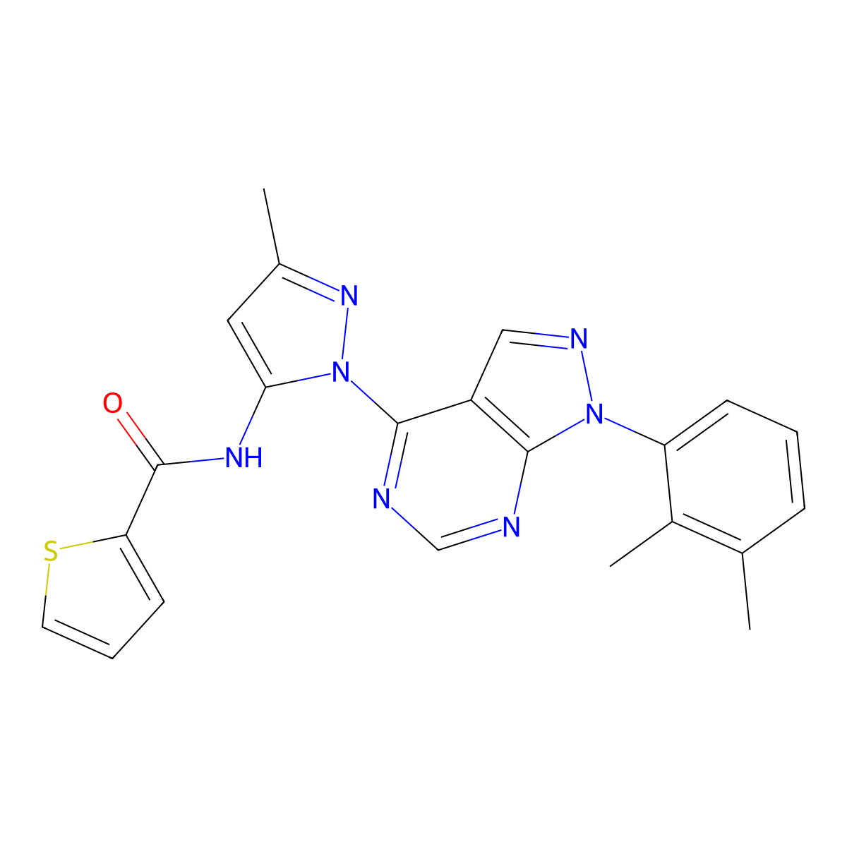 N-(1-(1-(2,3-dimethylphenyl)-1H-pyrazolo[3,4-d]pyrimidin-4-yl)-3-methyl-1H-pyrazol-5-yl)thiophene-2-carboxamide molecular structure, CAS 1005715-85-4