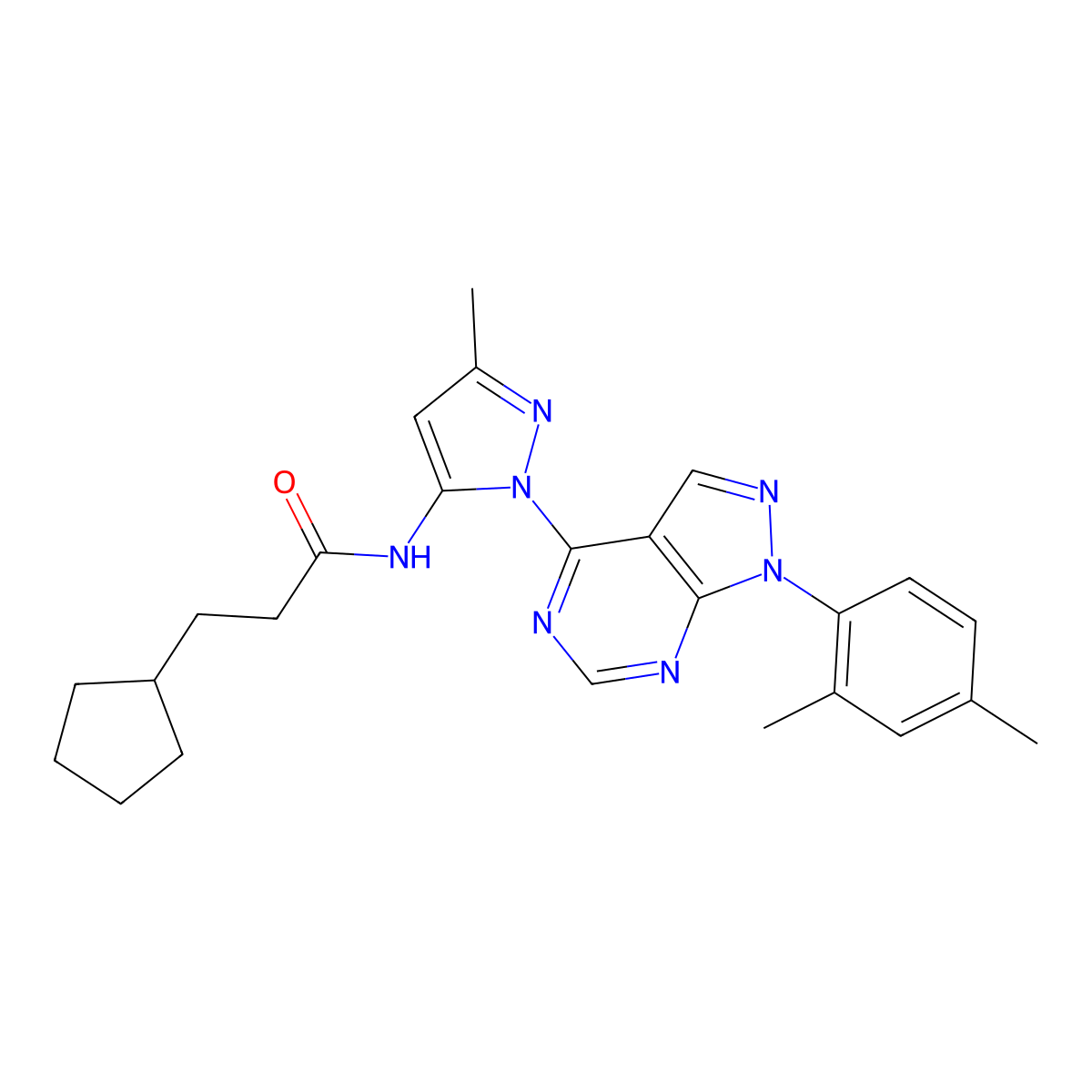 3-cyclopentyl-N-{1-[1-(2,4-dimethylphenyl)-1H-pyrazolo[3,4-d]pyrimidin-4-yl]-3-methyl-1H-pyrazol-5-yl}propanamide molecular structure, CAS 1005716-36-8