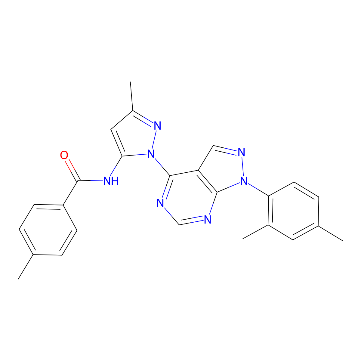 N-{1-[1-(2,4-dimethylphenyl)-1H-pyrazolo[3,4-d]pyrimidin-4-yl]-3-methyl-1H-pyrazol-5-yl}-4-methylbenzamide molecular structure, CAS 1005716-51-7