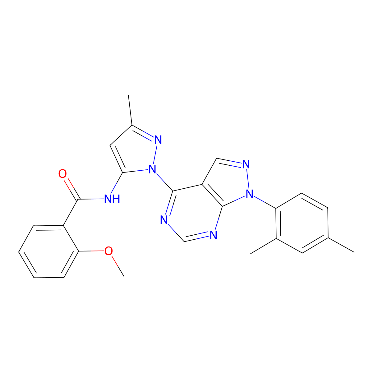 N-{1-[1-(2,4-dimethylphenyl)-1H-pyrazolo[3,4-d]pyrimidin-4-yl]-3-methyl-1H-pyrazol-5-yl}-2-methoxybenzamide molecular structure, CAS 1005716-57-3
