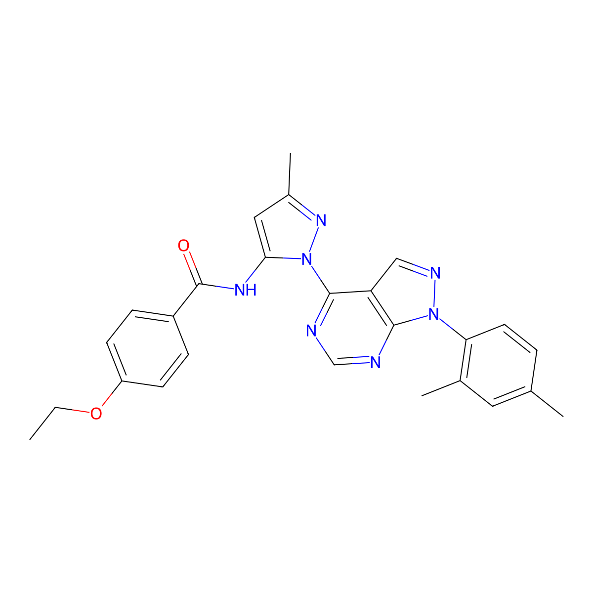 N-{1-[1-(2,4-dimethylphenyl)-1H-pyrazolo[3,4-d]pyrimidin-4-yl]-3-methyl-1H-pyrazol-5-yl}-4-ethoxybenzamide molecular structure, CAS 1005716-62-0