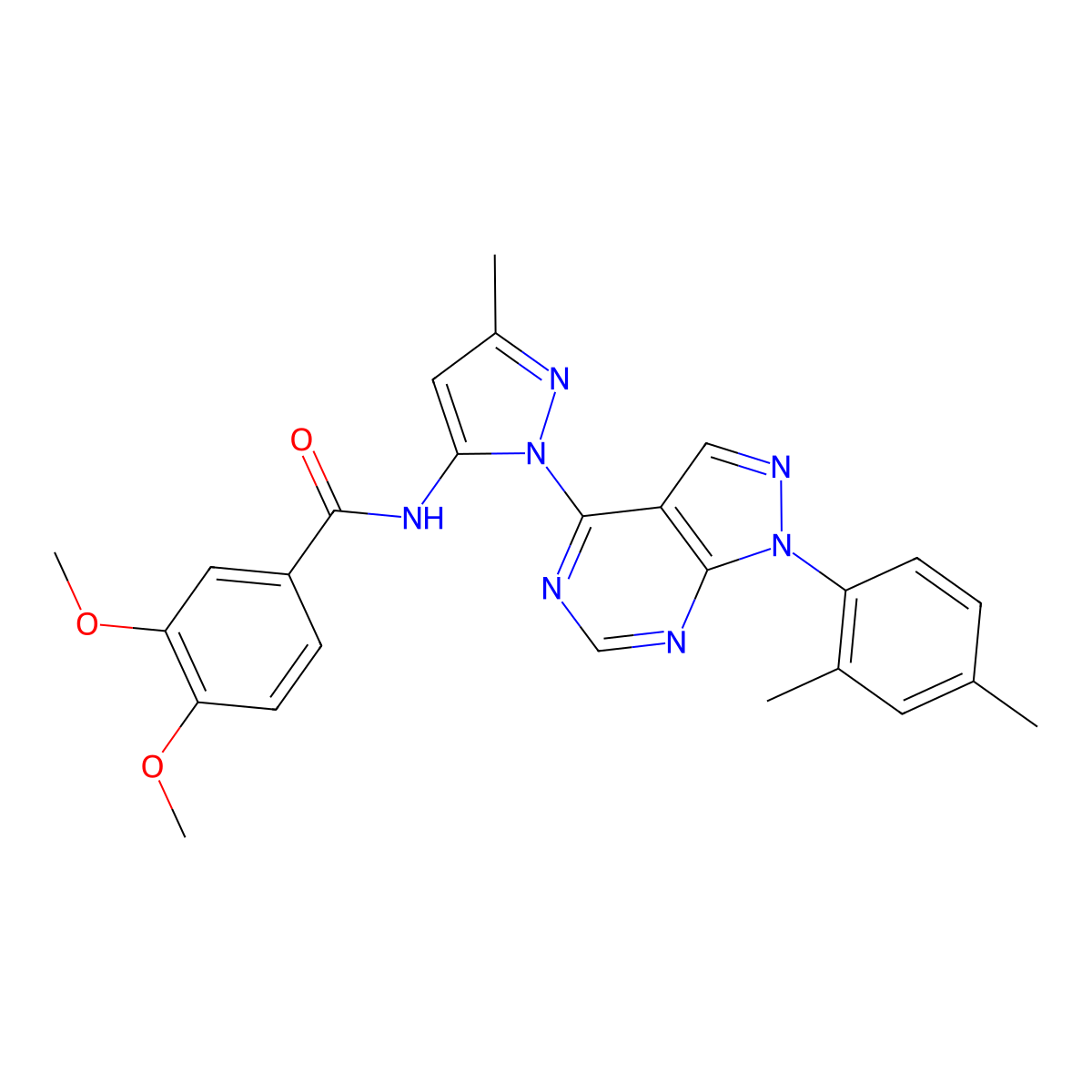 N-{1-[1-(2,4-dimethylphenyl)-1H-pyrazolo[3,4-d]pyrimidin-4-yl]-3-methyl-1H-pyrazol-5-yl}-3,4-dimethoxybenzamide molecular structure, CAS 1005716-68-6