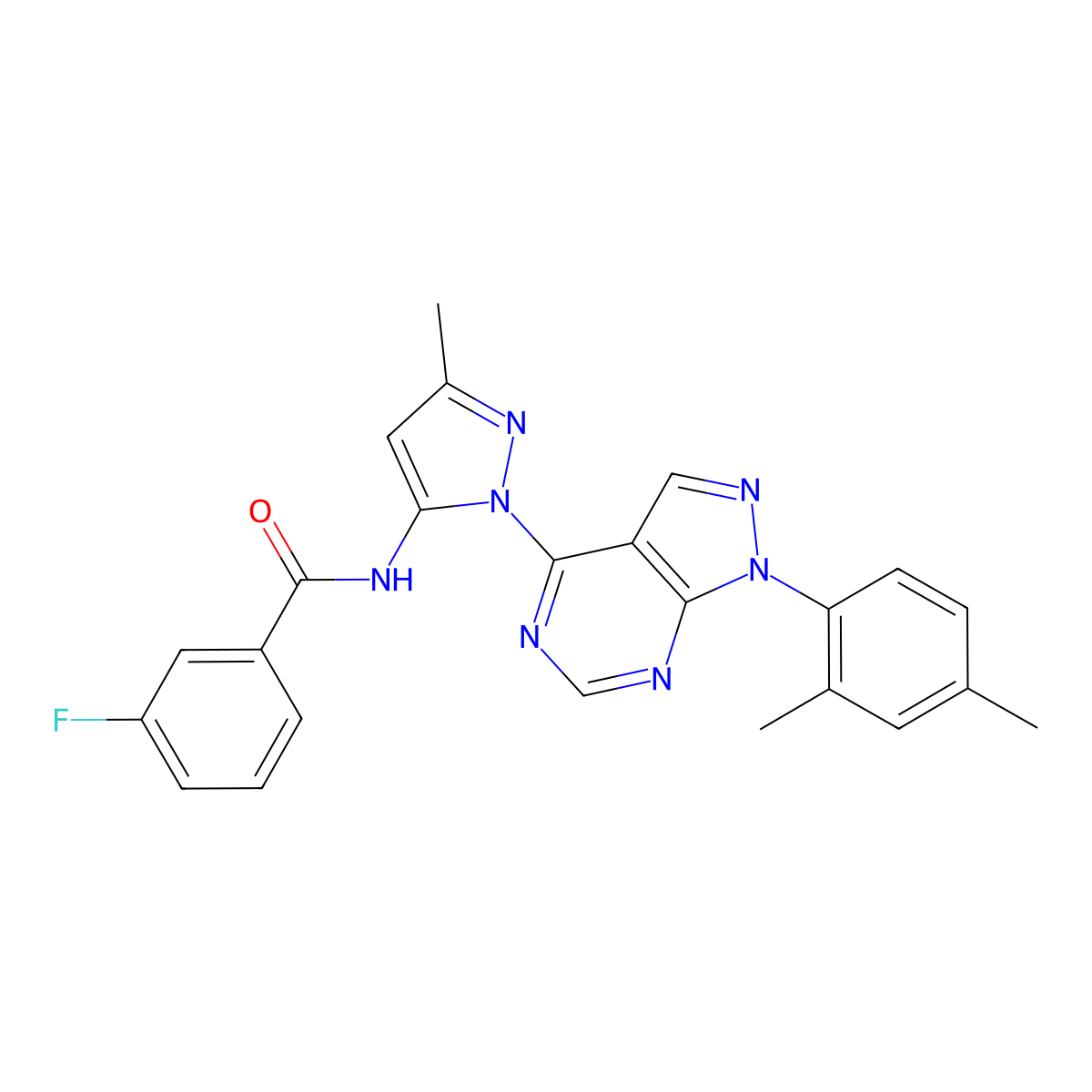 N-(1-(1-(2,4-dimethylphenyl)-1H-pyrazolo[3,4-d]pyrimidin-4-yl)-3-methyl-1H-pyrazol-5-yl)-3-fluorobenzamide molecular structure, CAS 1005716-79-9
