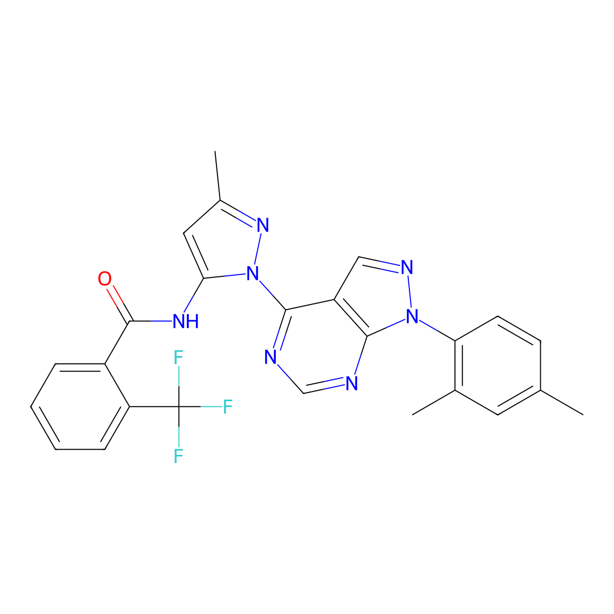 N-{1-[1-(2,4-dimethylphenyl)-1H-pyrazolo[3,4-d]pyrimidin-4-yl]-3-methyl-1H-pyrazol-5-yl}-2-(trifluoromethyl)benzamide molecular structure, CAS 1005717-00-9