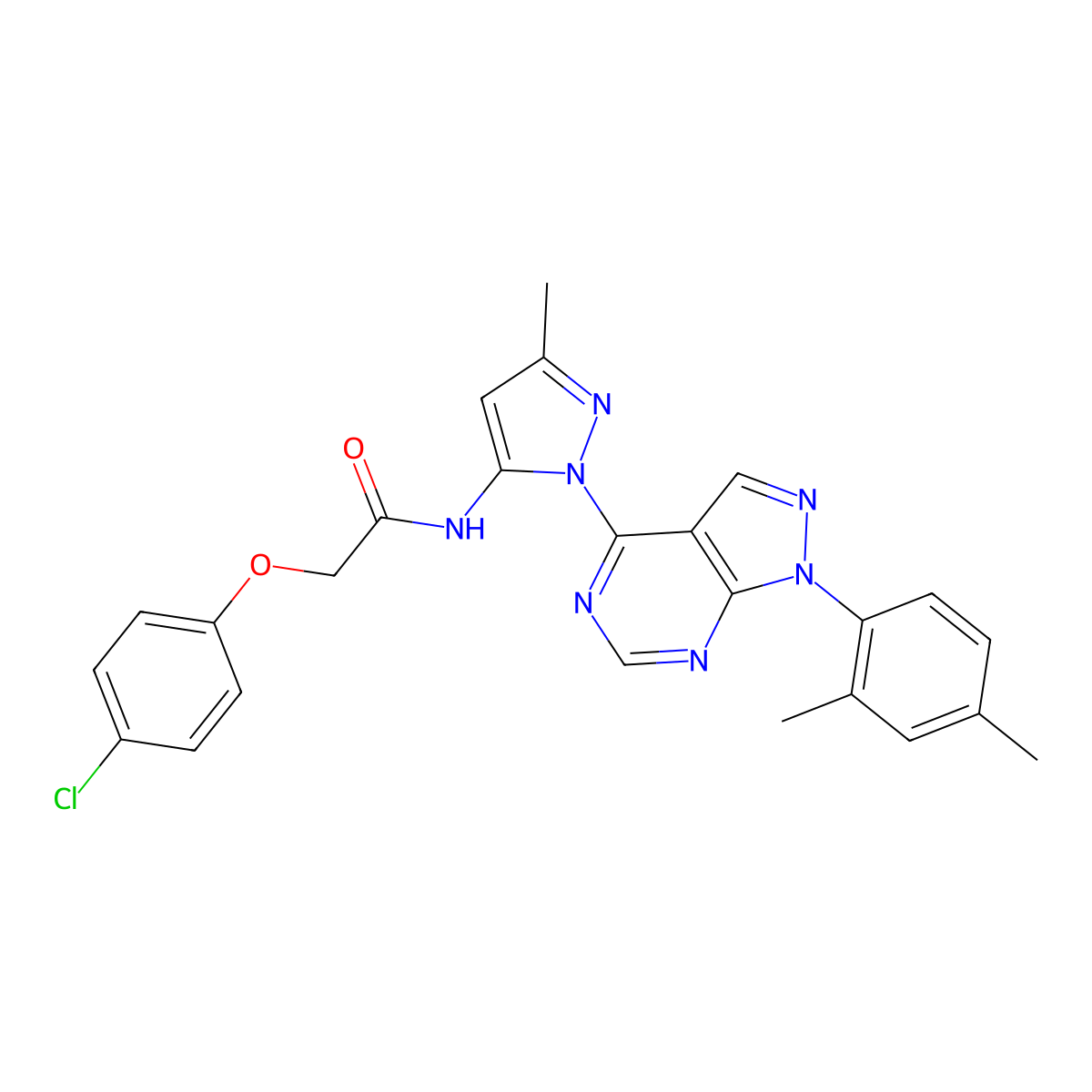 2-(4-chlorophenoxy)-N-{1-[1-(2,4-dimethylphenyl)-1H-pyrazolo[3,4-d]pyrimidin-4-yl]-3-methyl-1H-pyrazol-5-yl}acetamide molecular structure, CAS 1005717-15-6