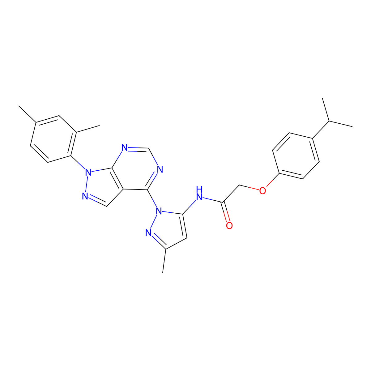 N-{1-[1-(2,4-dimethylphenyl)-1H-pyrazolo[3,4-d]pyrimidin-4-yl]-3-methyl-1H-pyrazol-5-yl}-2-[4-(propan-2-yl)phenoxy]acetamide molecular structure, CAS 1005717-31-6