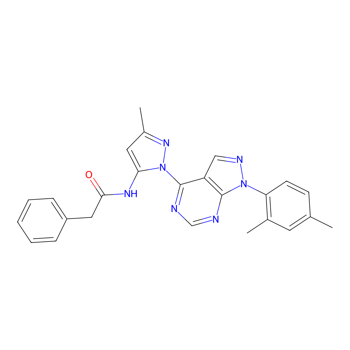 N-(1-(1-(2,4-dimethylphenyl)-1H-pyrazolo[3,4-d]pyrimidin-4-yl)-3-methyl-1H-pyrazol-5-yl)-2-phenylacetamide molecular structure, CAS 1005717-36-1
