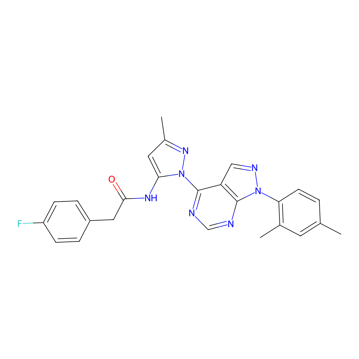 N-{1-[1-(2,4-dimethylphenyl)-1H-pyrazolo[3,4-d]pyrimidin-4-yl]-3-methyl-1H-pyrazol-5-yl}-2-(4-fluorophenyl)acetamide molecular structure, CAS 1005717-41-8