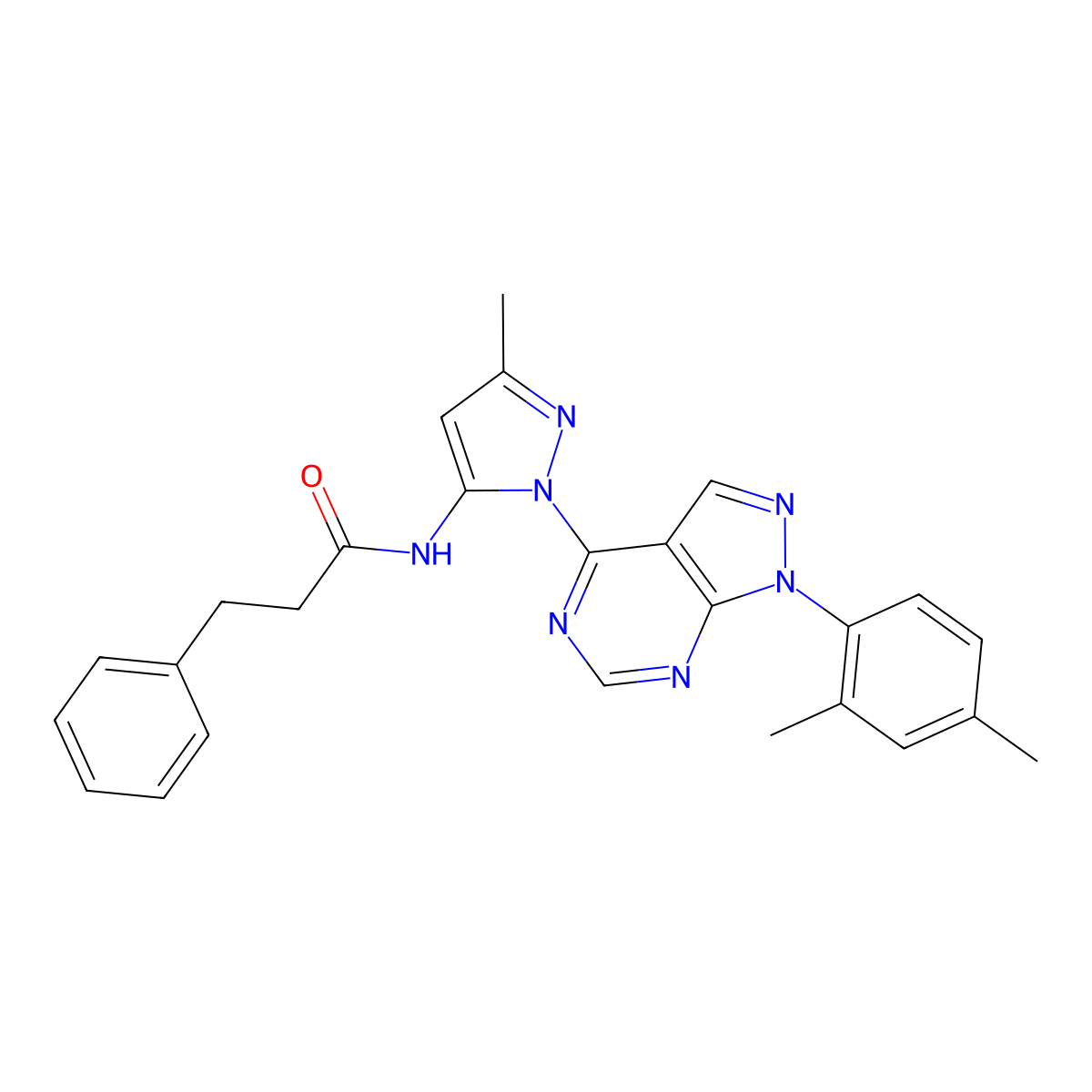 N-{1-[1-(2,4-dimethylphenyl)-1H-pyrazolo[3,4-d]pyrimidin-4-yl]-3-methyl-1H-pyrazol-5-yl}-3-phenylpropanamide molecular structure, CAS 1005717-52-1