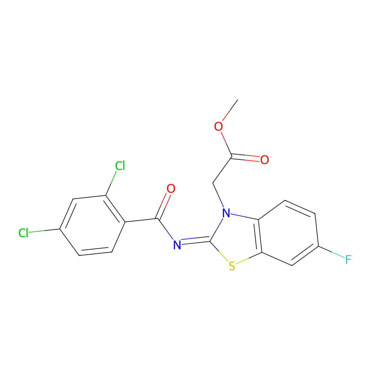 (Z)-methyl 2-(2-((2,4-dichlorobenzoyl)imino)-6-fluorobenzo[d]thiazol-3(2H)-yl)acetate molecular structure, CAS 1005724-19-5