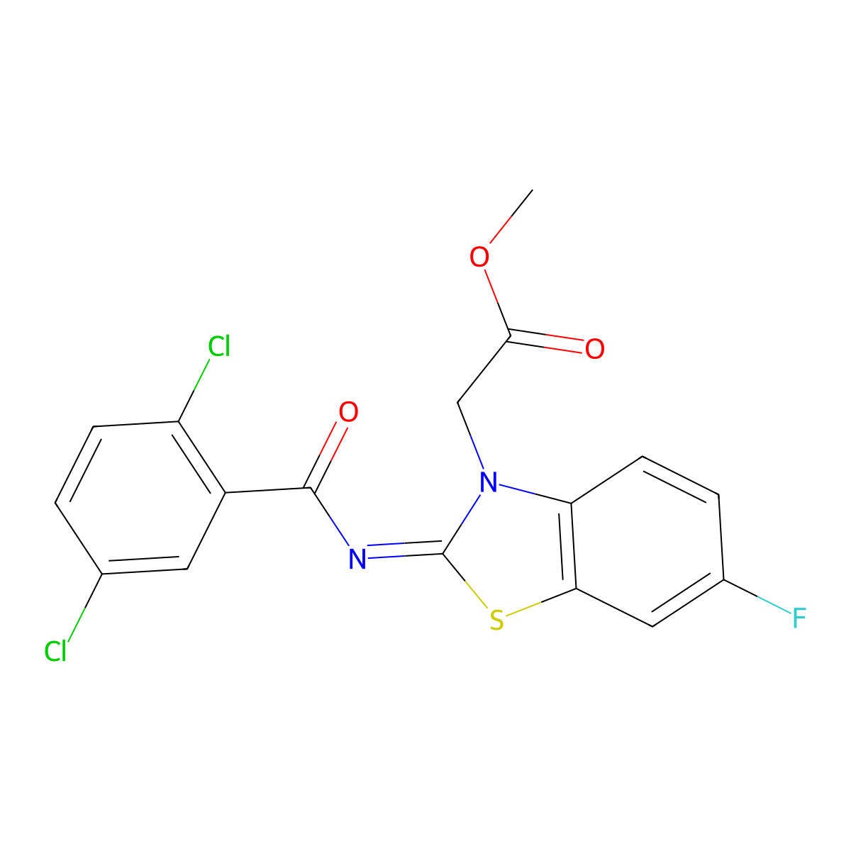 Methyl 2-[2-(2,5-dichlorobenzoyl)imino-6-fluoro-1,3-benzothiazol-3-yl]acetate molecular structure, CAS 1005724-35-5