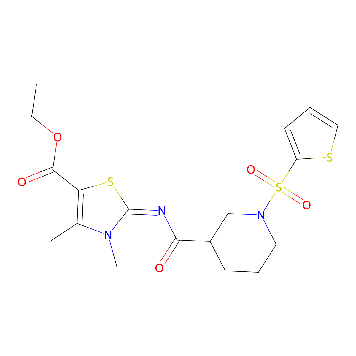 (Z)-ethyl 3,4-dimethyl-2-((1-(thiophen-2-ylsulfonyl)piperidine-3-carbonyl)imino)-2,3-dihydrothiazole-5-carboxylate molecular structure, CAS 1005727-89-8