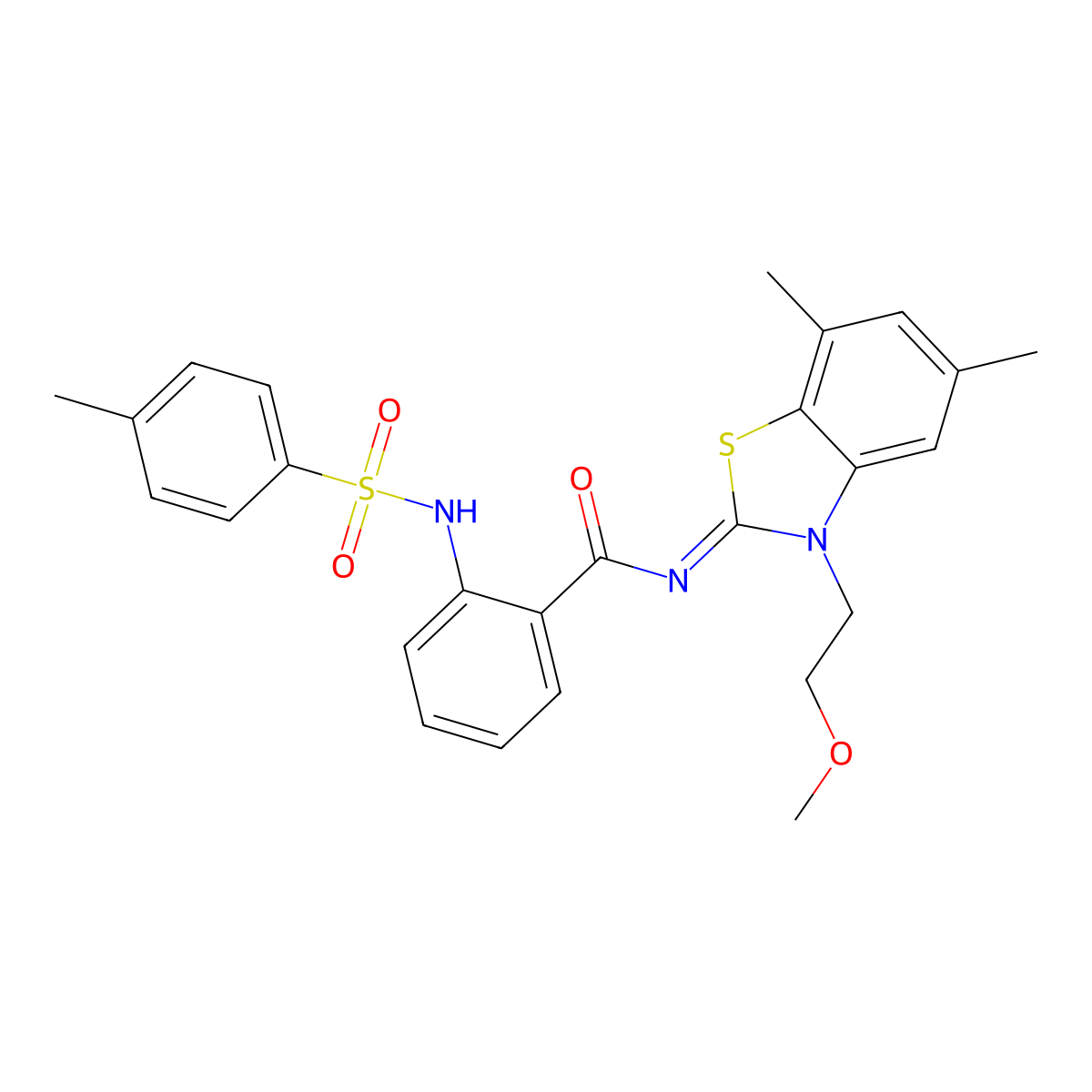 (Z)-N-(3-(2-methoxyethyl)-5,7-dimethylbenzo[d]thiazol-2(3H)-ylidene)-2-(4-methylphenylsulfonamido)benzamide molecular structure, CAS 1005729-26-9