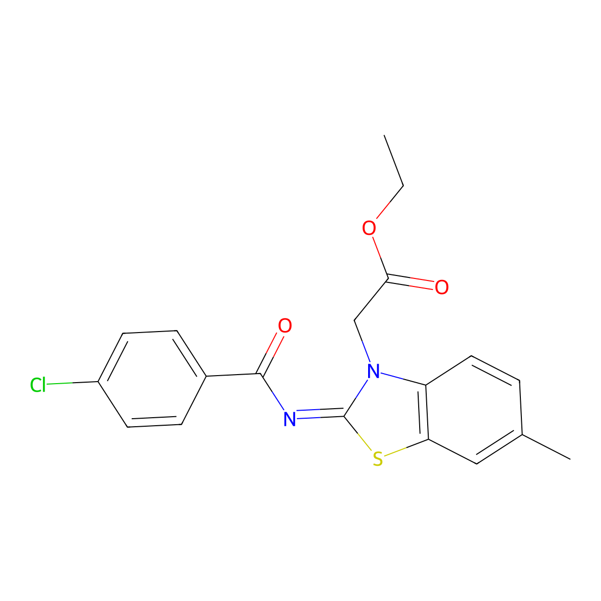 Ethyl 2-[2-(4-chlorobenzoyl)imino-6-methyl-1,3-benzothiazol-3-yl]acetate molecular structure, CAS 1005730-02-8
