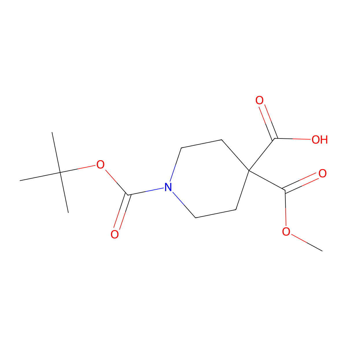 1-((Tert-butoxy)carbonyl)-4-(methoxycarbonyl)piperidine-4-carboxylic acid molecular structure, CAS 1005738-45-3