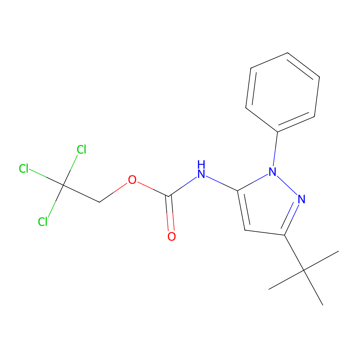 2,2,2-Trichloroethyl 3-tert-butyl-1-phenyl-1H-pyrazol-5-ylcarbamate molecular structure, CAS 1005788-24-8