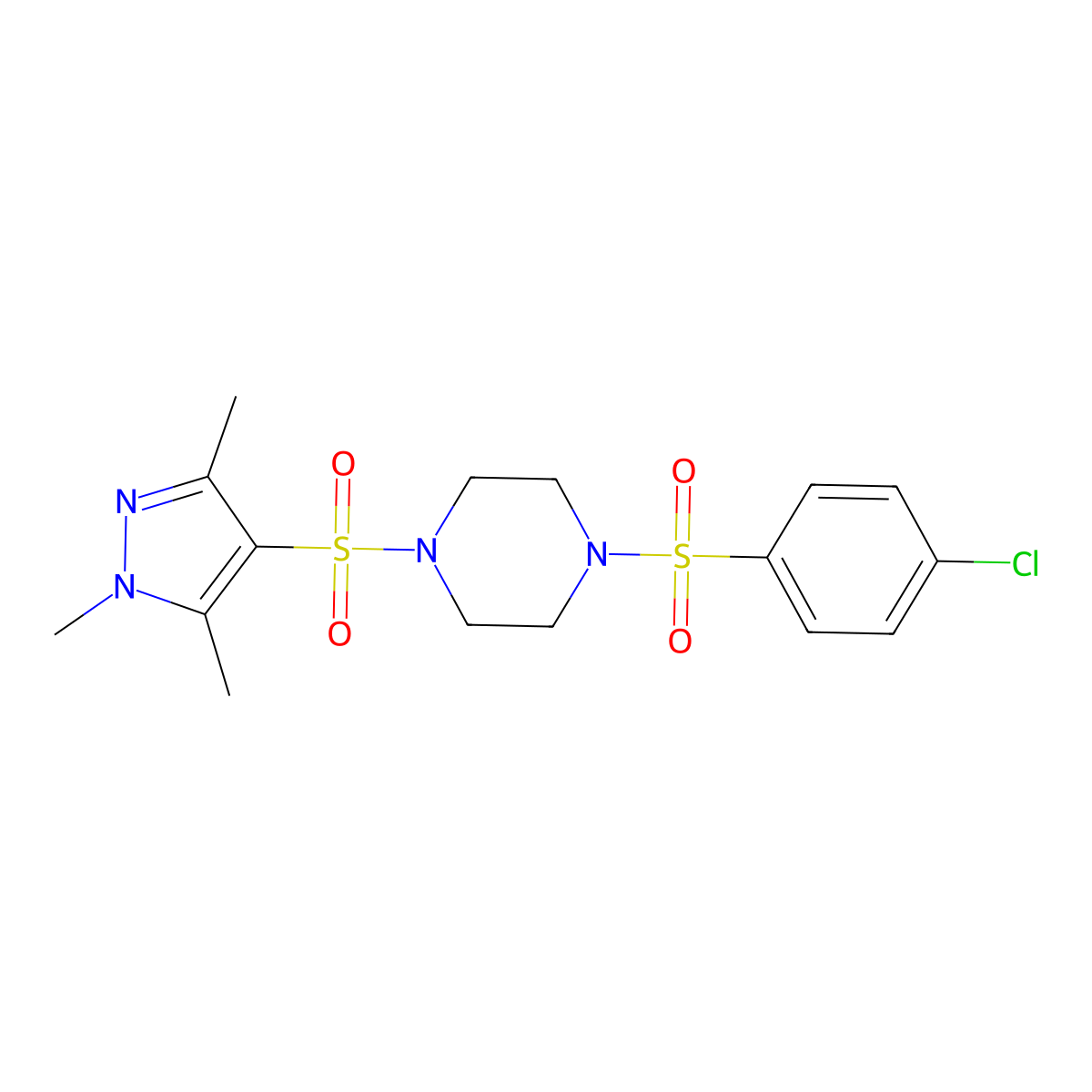 1-[(4-chlorophenyl)sulfonyl]-4-[(1,3,5-trimethyl-1H-pyrazol-4-yl)sulfonyl]piperazine molecular structure, CAS 1005847-46-0