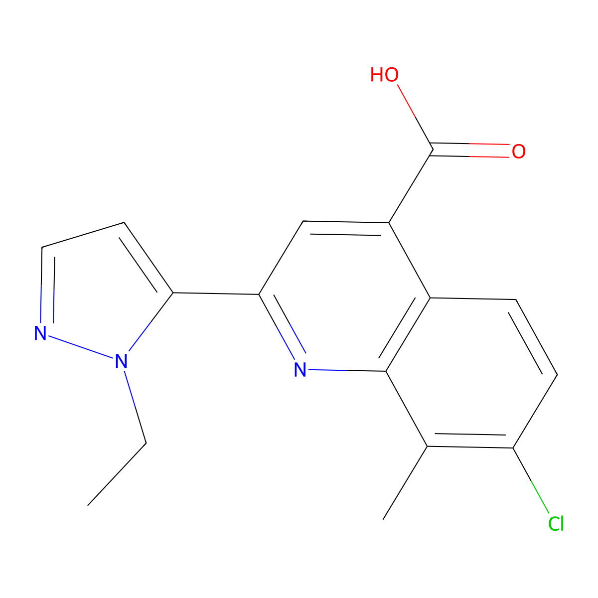 7-chloro-2-(1-ethyl-1H-pyrazol-5-yl)-8-methylquinoline-4-carboxylic acid molecular structure, CAS 1005856-03-0