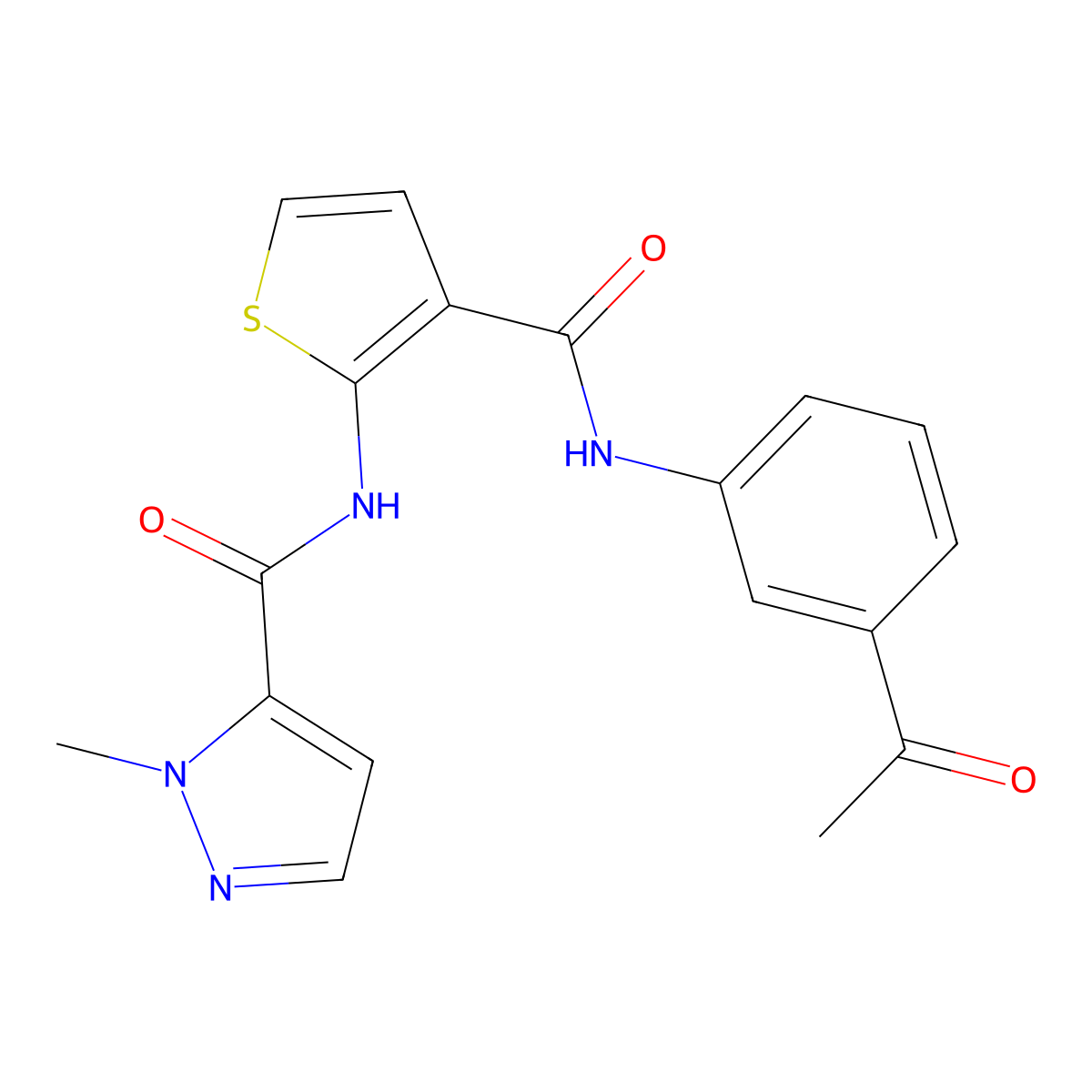 N-{3-[(3-acetylphenyl)carbamoyl]thiophen-2-yl}-1-methyl-1H-pyrazole-5-carboxamide molecular structure, CAS 1005860-56-9
