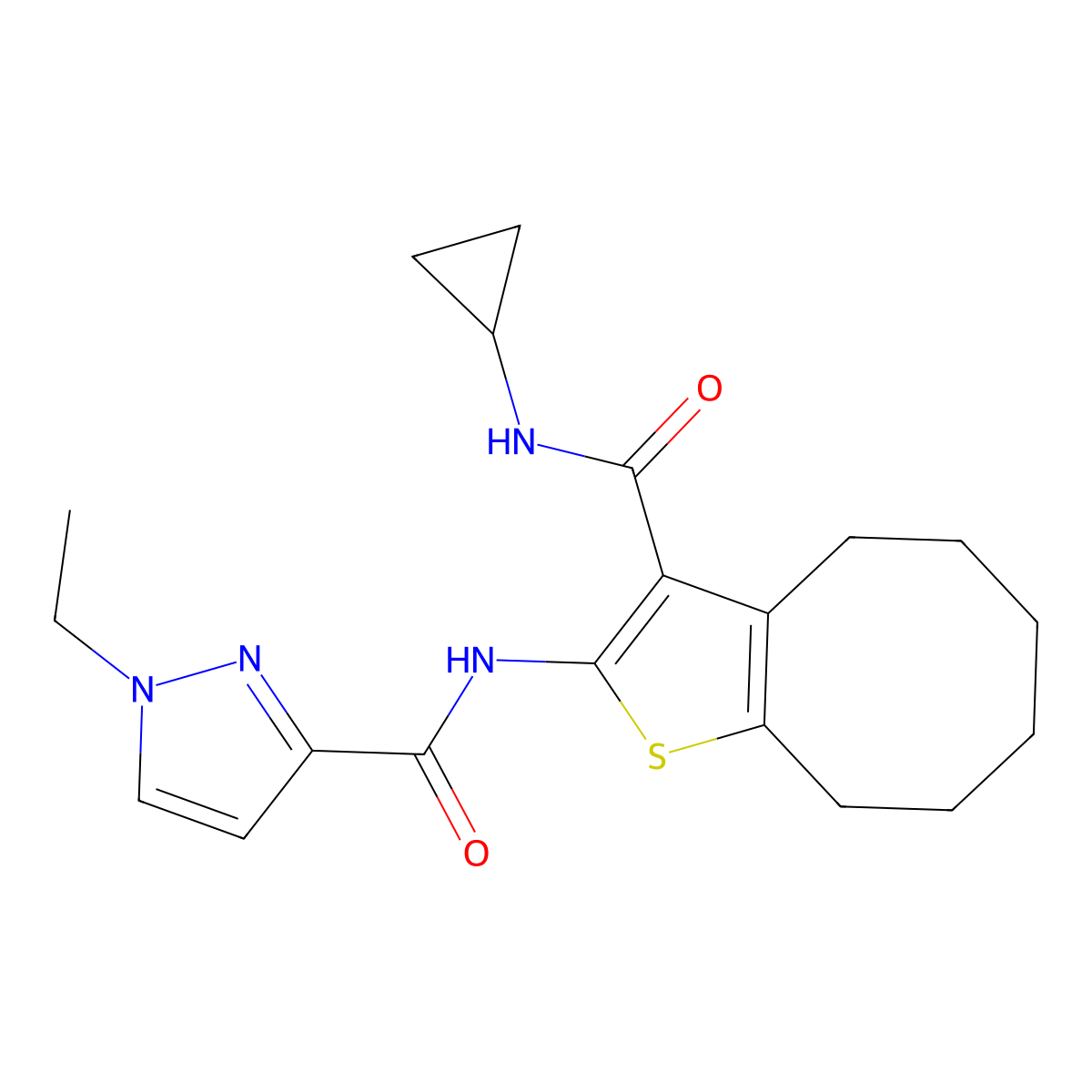 N-[3-(cyclopropylcarbamoyl)-4,5,6,7,8,9-hexahydrocycloocta[b]thiophen-2-yl]-1-ethyl-1H-pyrazole-3-carboxamide molecular structure, CAS 1005863-36-4
