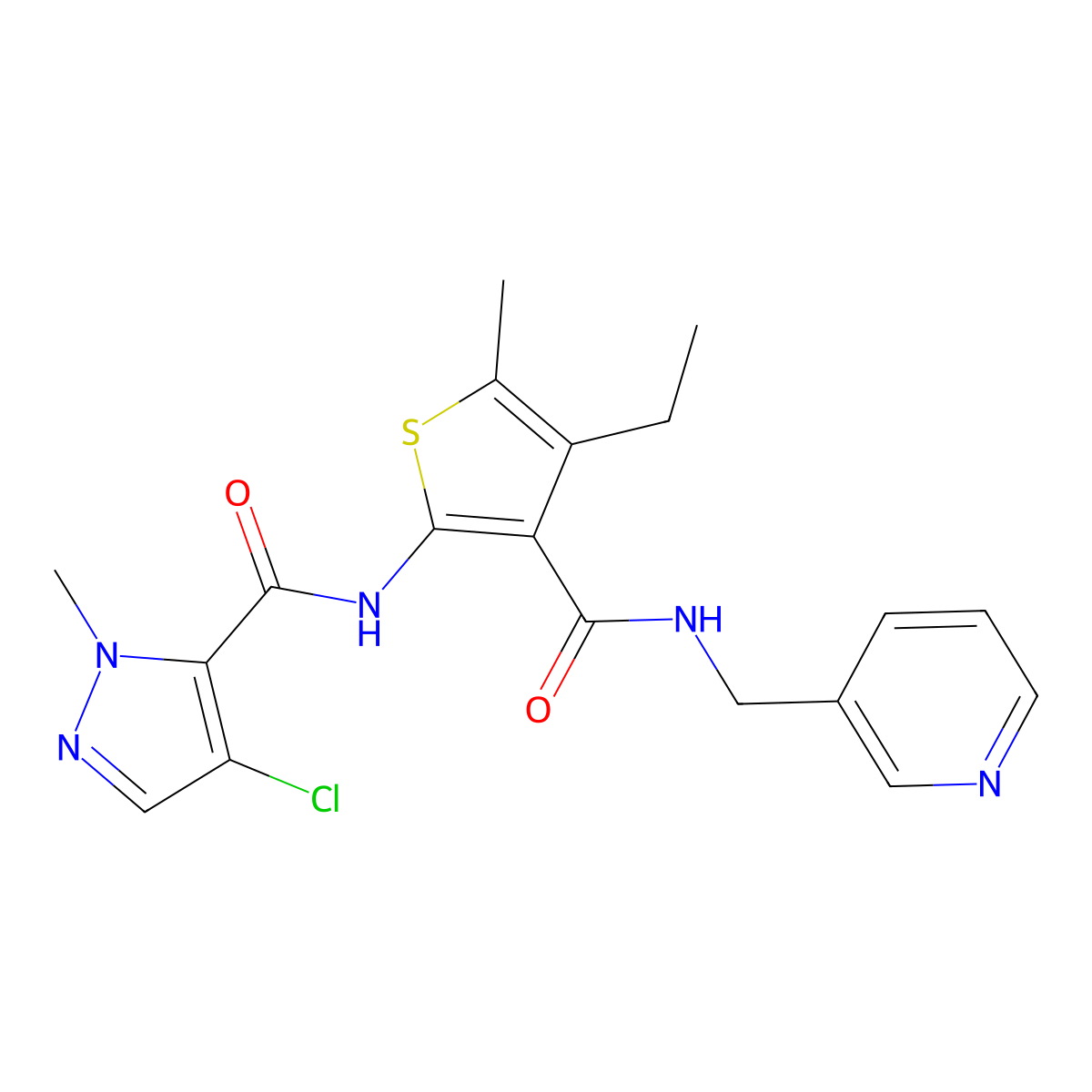 4-chloro-N-{4-ethyl-5-methyl-3-[(pyridin-3-ylmethyl)carbamoyl]thiophen-2-yl}-1-methyl-1H-pyrazole-5-carboxamide molecular structure, CAS 1005864-70-9