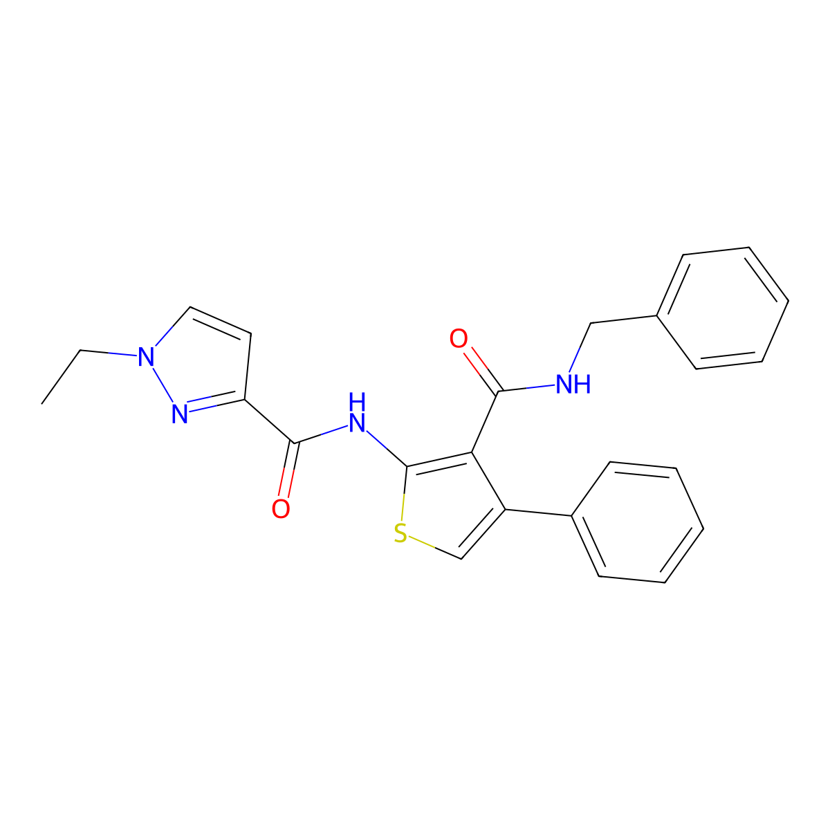 N-[3-(benzylcarbamoyl)-4-phenylthiophen-2-yl]-1-ethyl-1H-pyrazole-3-carboxamide molecular structure, CAS 1005864-78-7