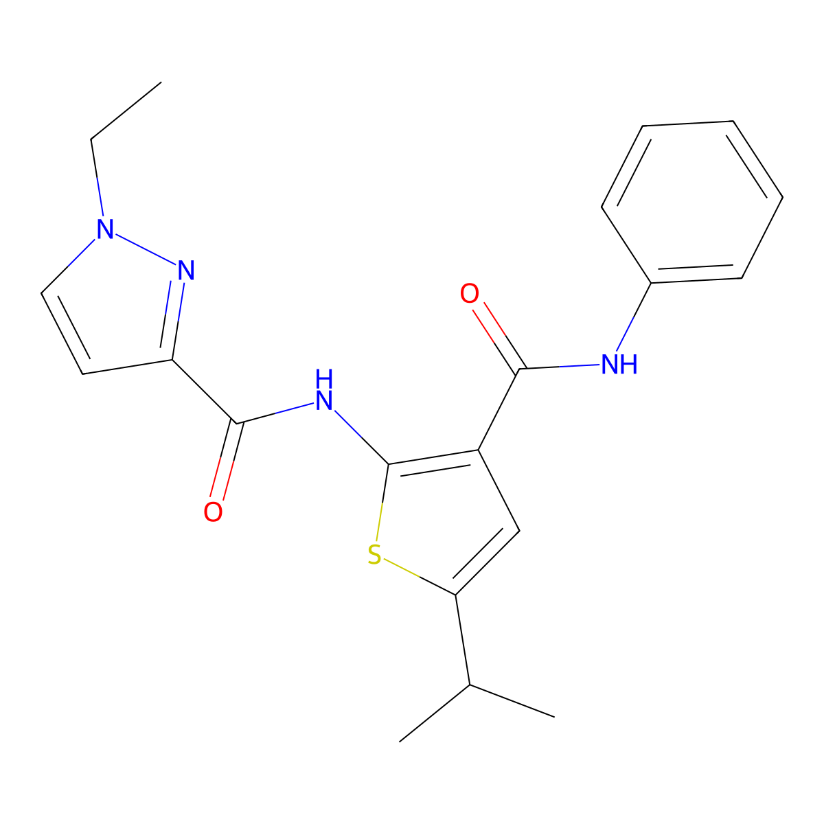 1-ethyl-N-[3-(phenylcarbamoyl)-5-(propan-2-yl)thiophen-2-yl]-1H-pyrazole-3-carboxamide molecular structure, CAS 1005865-00-8
