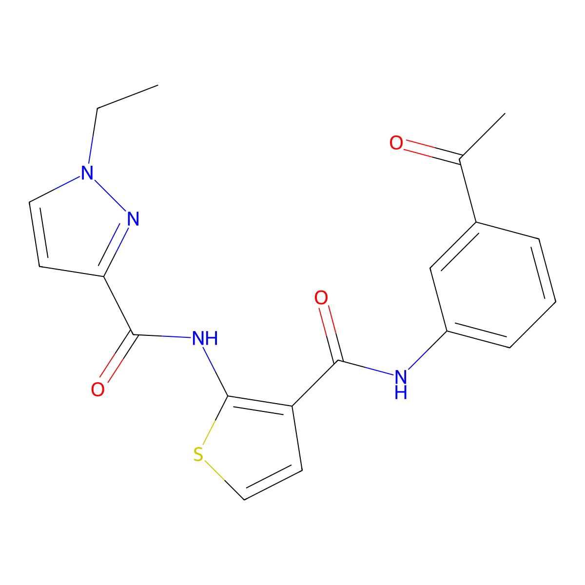 N-{3-[(3-acetylphenyl)carbamoyl]thiophen-2-yl}-1-ethyl-1H-pyrazole-3-carboxamide molecular structure, CAS 1005865-07-5