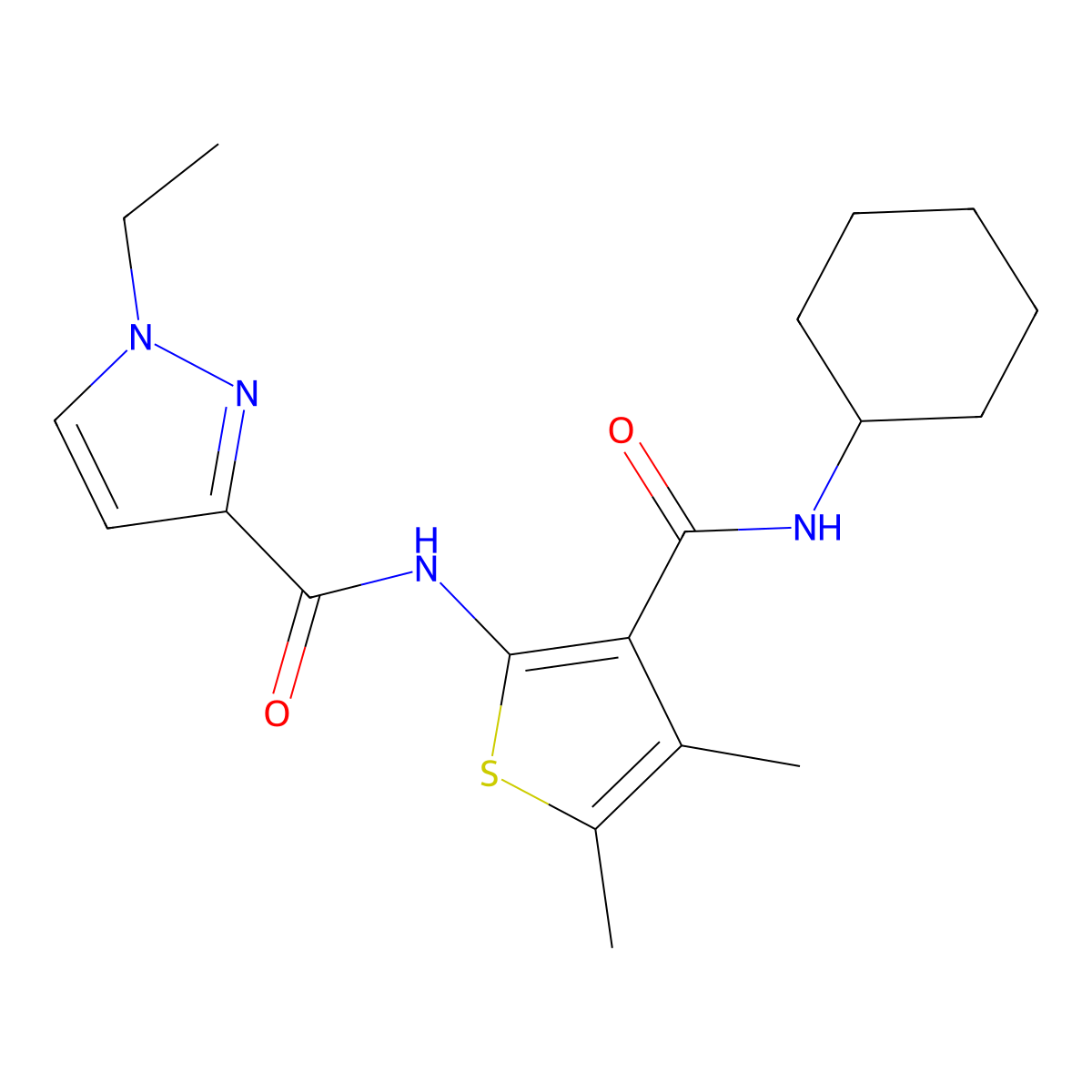 N-[3-(cyclohexylcarbamoyl)-4,5-dimethylthiophen-2-yl]-1-ethyl-1H-pyrazole-3-carboxamide molecular structure, CAS 1005872-27-4