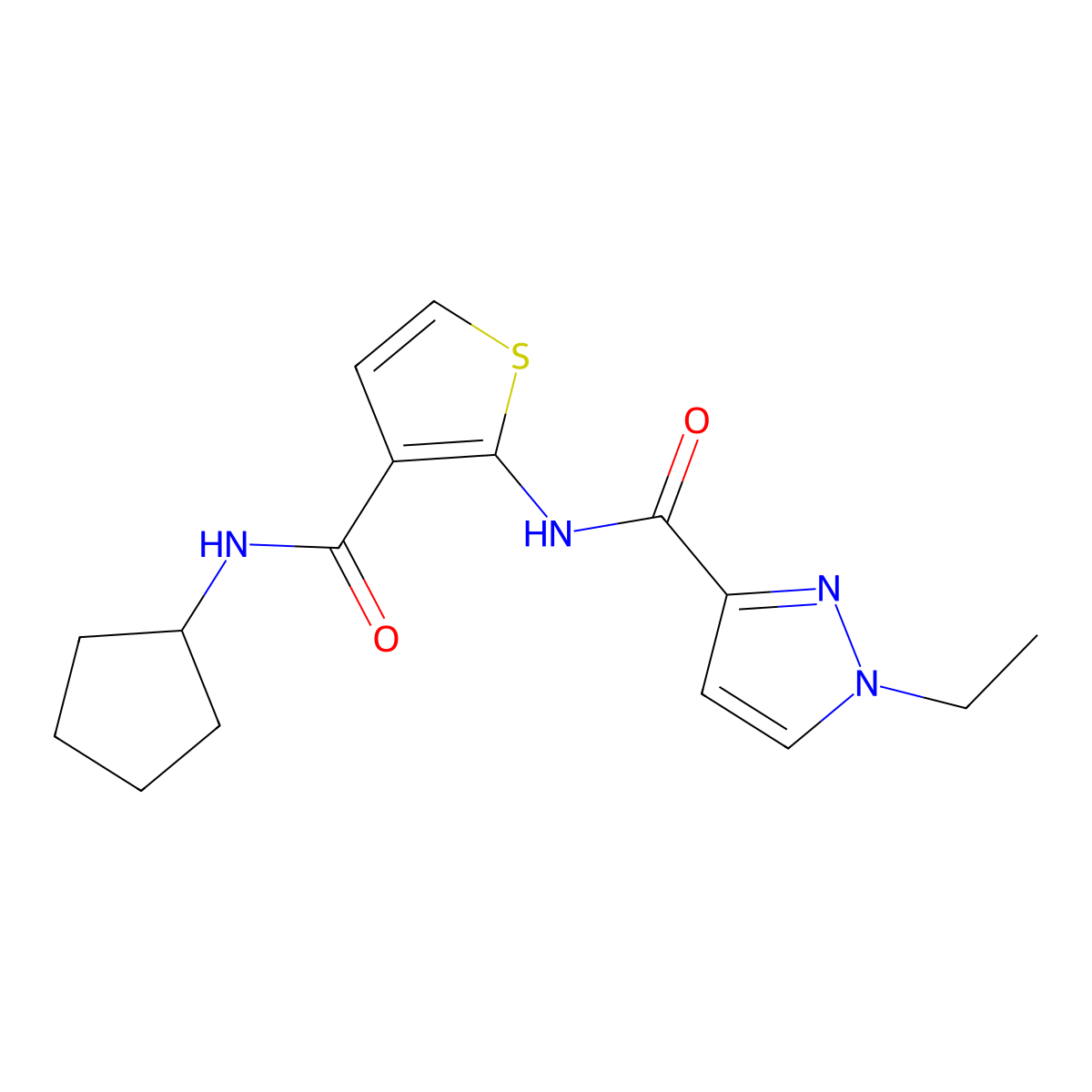 N-[3-(cyclopentylcarbamoyl)thiophen-2-yl]-1-ethyl-1H-pyrazole-3-carboxamide molecular structure, CAS 1005872-35-4