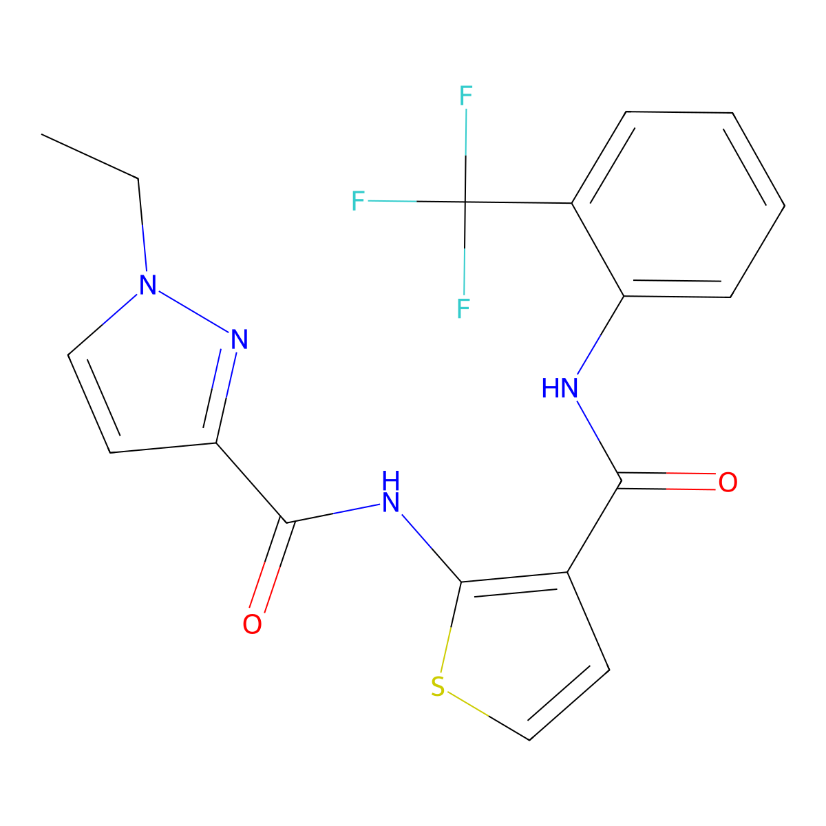 1-ethyl-N-(3-{[2-(trifluoromethyl)phenyl]carbamoyl}thiophen-2-yl)-1H-pyrazole-3-carboxamide molecular structure, CAS 1005872-65-0