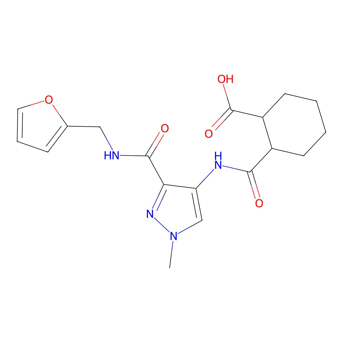 2-((3-((furan-2-ylmethyl)carbamoyl)-1-methyl-1H-pyrazol-4-yl)carbamoyl)cyclohexanecarboxylic acid molecular structure, CAS 1005873-05-1
