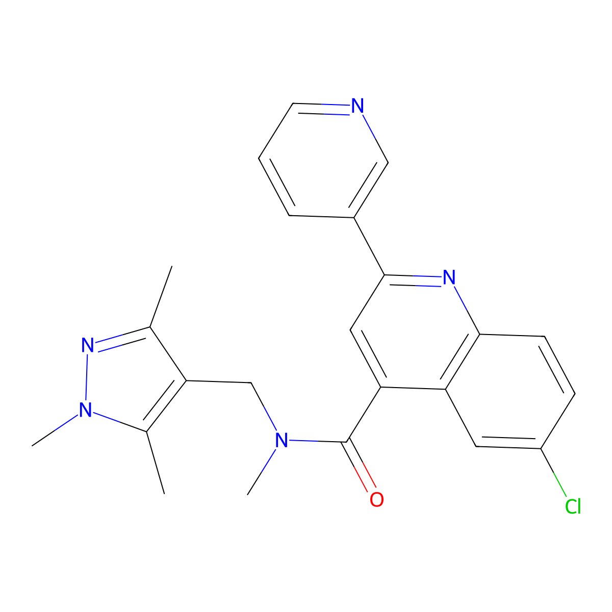 6-chloro-N-methyl-2-(pyridin-3-yl)-N-[(1,3,5-trimethyl-1H-pyrazol-4-yl)methyl]quinoline-4-carboxamide molecular structure, CAS 1005873-85-7