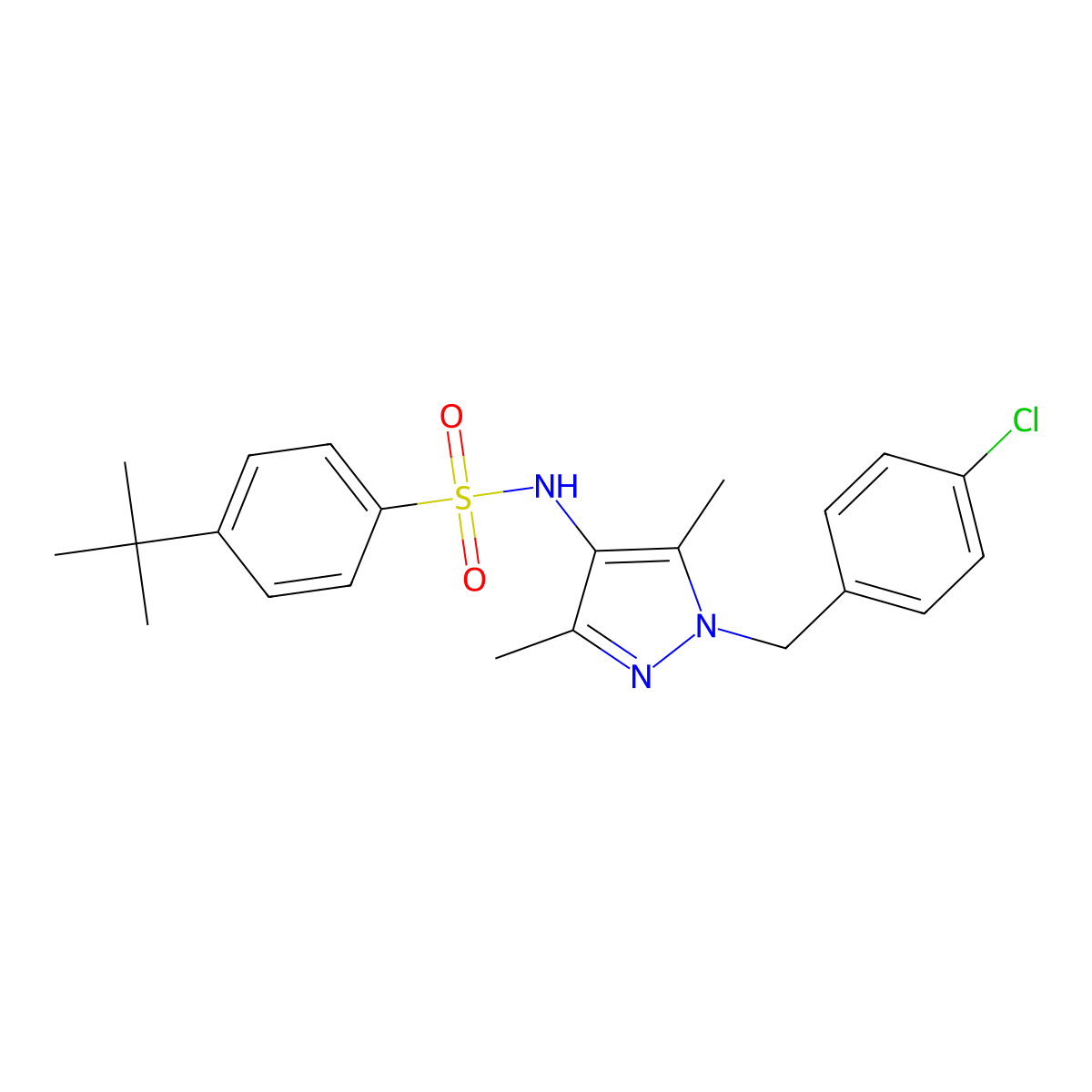 4-tert-butyl-N-[1-(4-chlorobenzyl)-3,5-dimethyl-1H-pyrazol-4-yl]benzenesulfonamide molecular structure, CAS 1005875-20-6