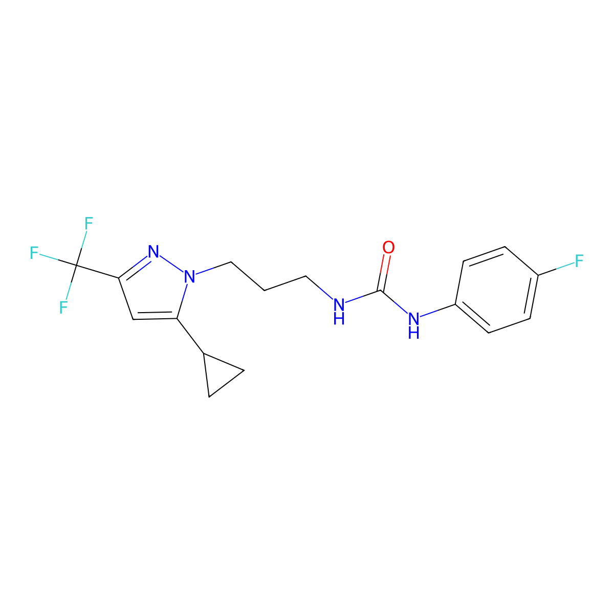 1-{3-[5-cyclopropyl-3-(trifluoromethyl)-1H-pyrazol-1-yl]propyl}-3-(4-fluorophenyl)urea molecular structure, CAS 1005875-67-1