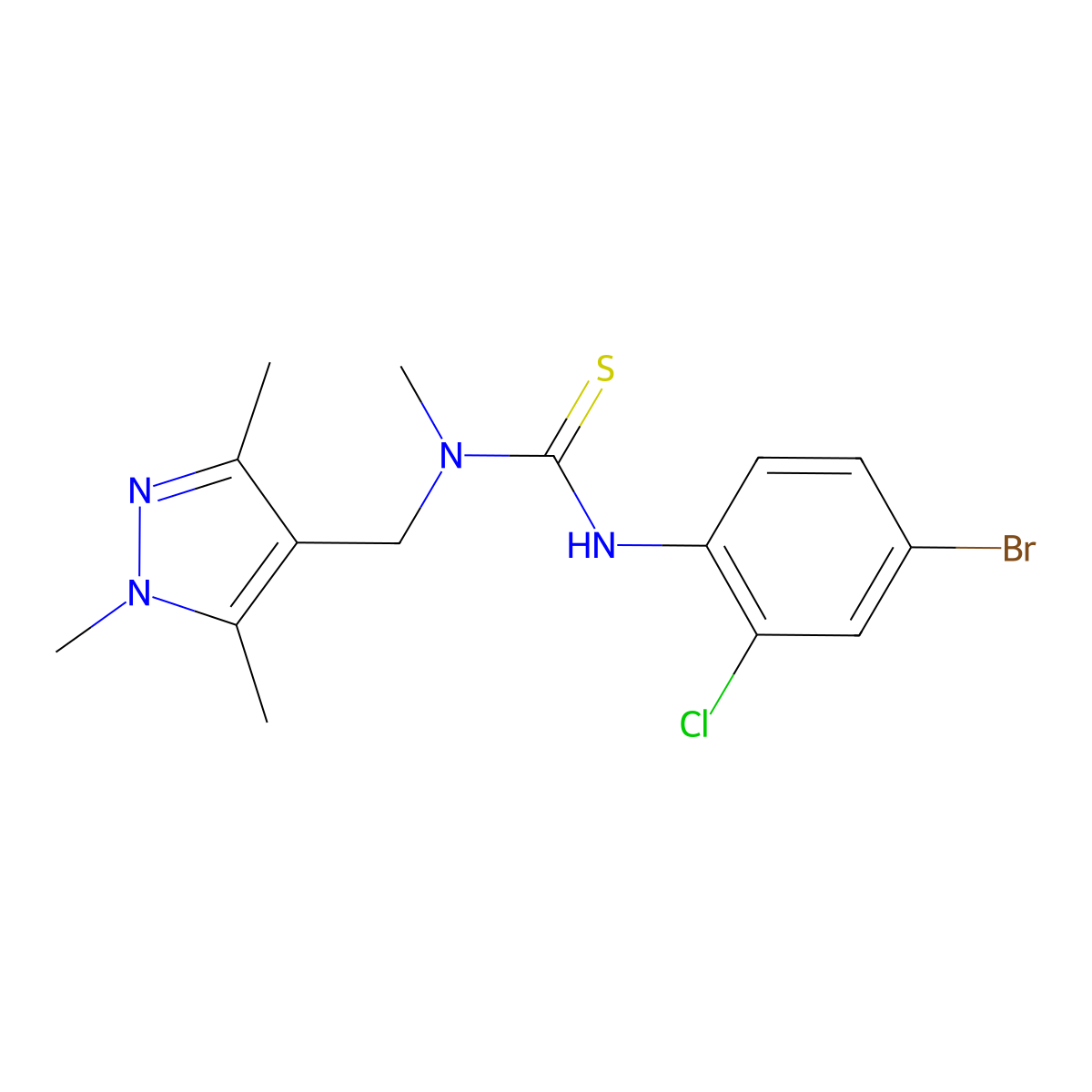 3-(4-bromo-2-chlorophenyl)-1-methyl-1-[(1,3,5-trimethyl-1H-pyrazol-4-yl)methyl]thiourea molecular structure, CAS 1005876-82-3