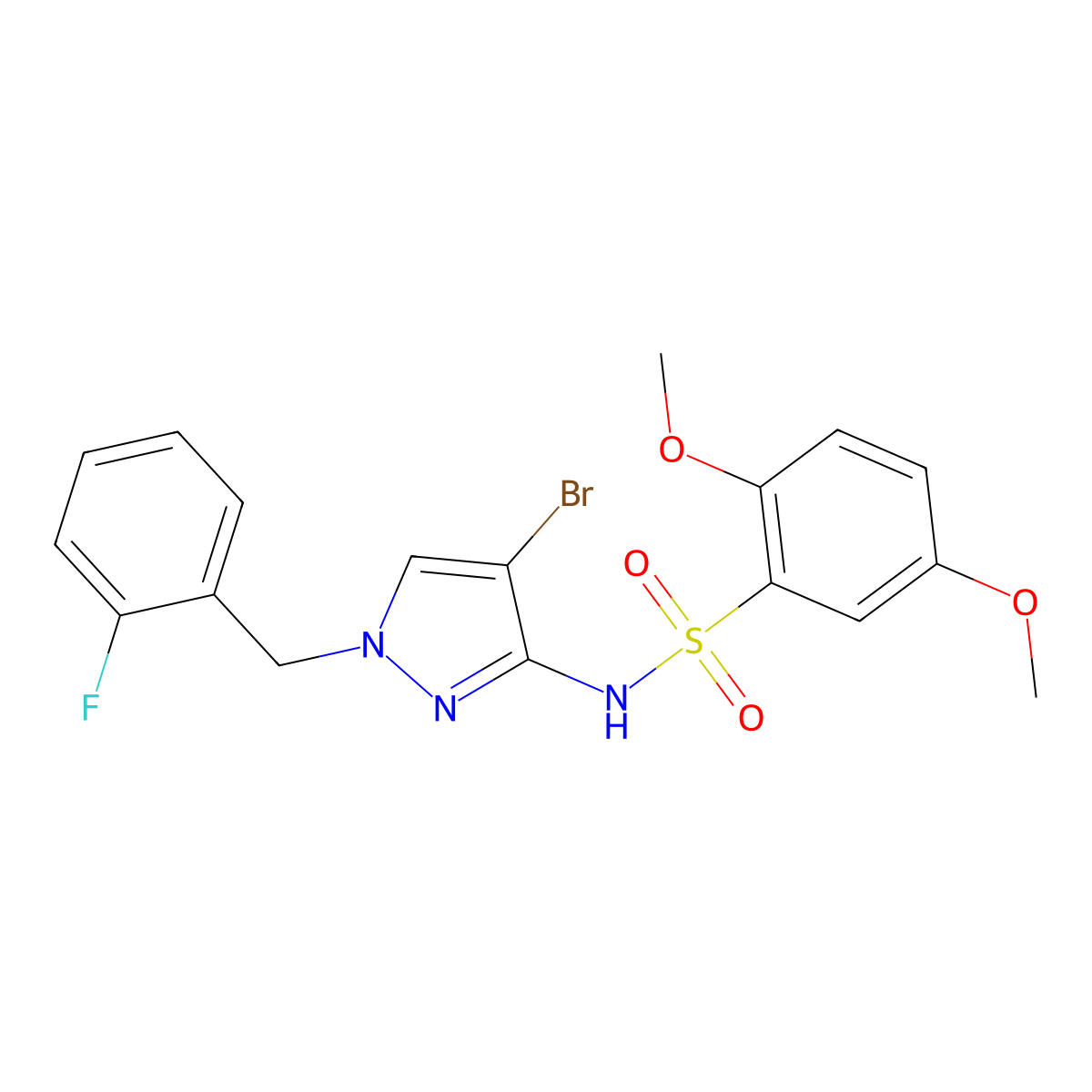 N-[4-bromo-1-(2-fluorobenzyl)-1H-pyrazol-3-yl]-2,5-dimethoxybenzenesulfonamide molecular structure, CAS 1005877-19-9