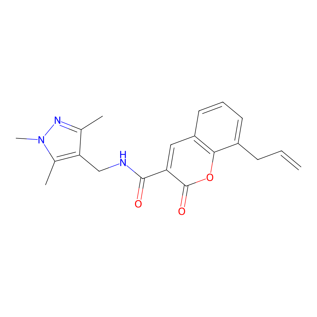 2-oxo-8-(prop-2-en-1-yl)-N-[(1,3,5-trimethyl-1H-pyrazol-4-yl)methyl]-2H-chromene-3-carboxamide molecular structure, CAS 1005878-72-7