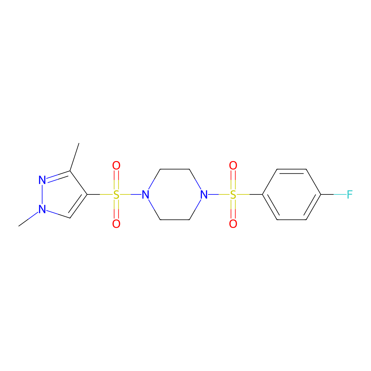 4-({4-[(4-Fluorophenyl)sulfonyl]piperazinyl}sulfonyl)-1,3-dimethylpyrazole molecular structure, CAS 1005880-06-7